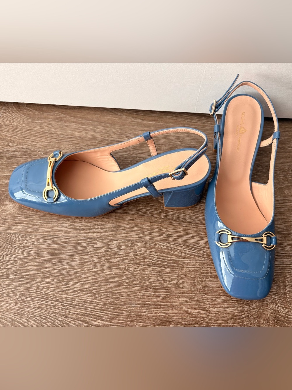 Blue Patent Slingback Block Heel Mules with Gold Horsebit Accent